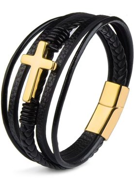 朋克十字设计超酷皮革手链男多层手工编织绳磁吸铁扣手镯情侣手环