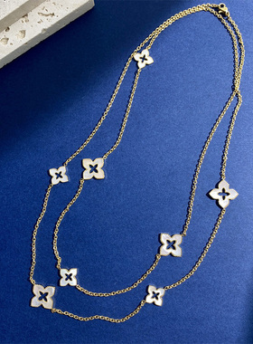 菱形十字花朵毛衣链钛钢老花镂空