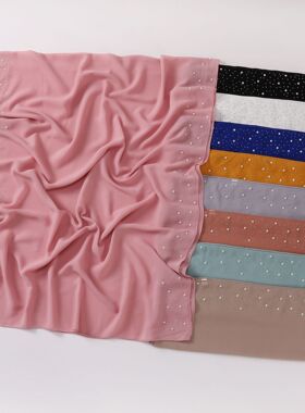chiffon rhinestone shawl Perl scarf 珍珠雪纺两边陶瓷烫钻长巾