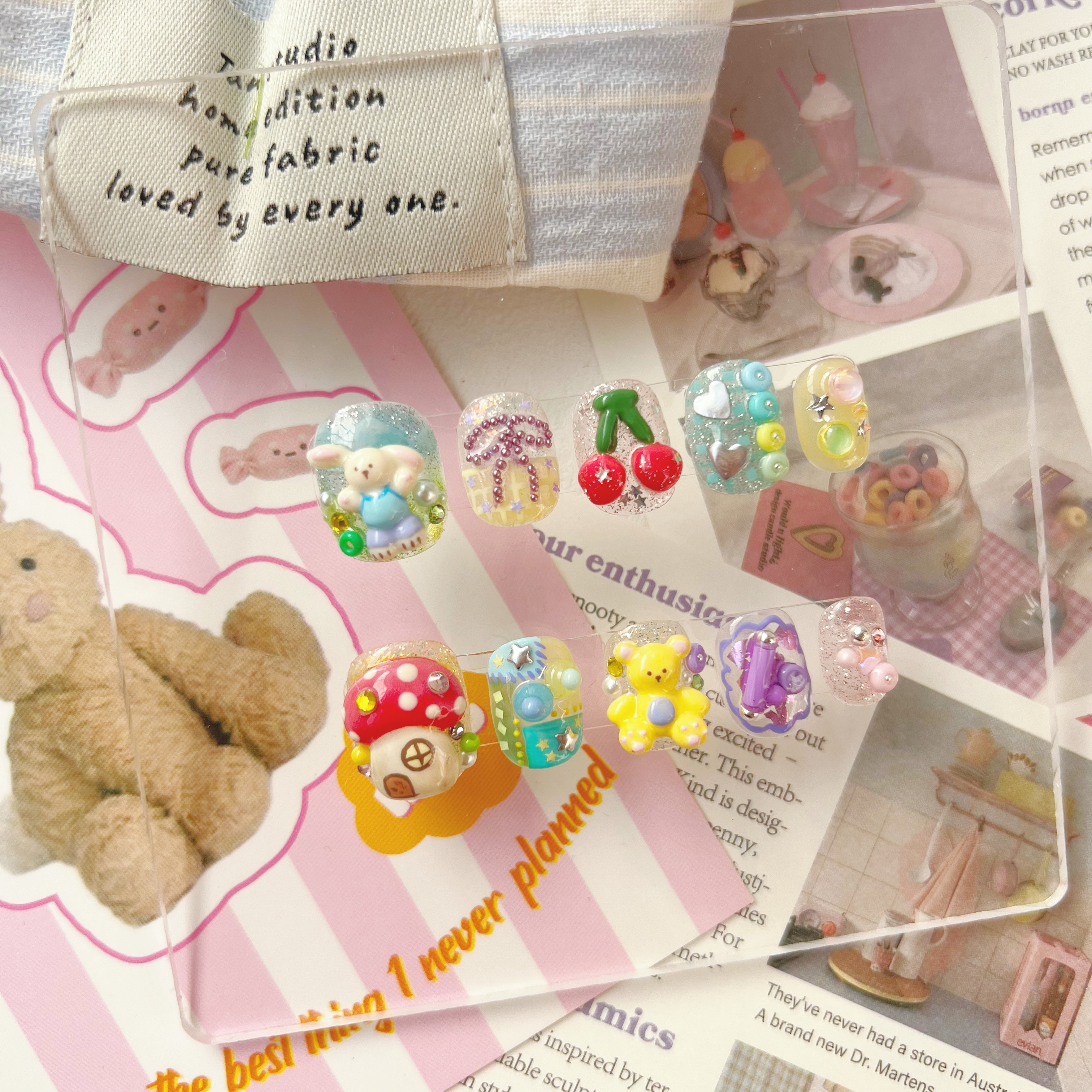 新款纯手工粉色蘑菇小兔子樱桃小熊爱心ins风可爱立体穿戴甲,淘宝优惠券,粉丝福利购,淘宝优惠卷