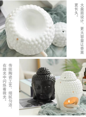 黑白泰国佛头香炉陶瓷香薰炉精油香炉蜡烛精油碟白瓷透光小额