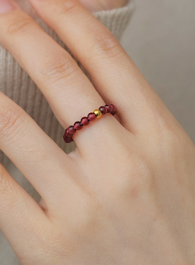 999足金转运珠极细天然石榴石戒子戒指有弹力正品不褪色轻奢礼物
