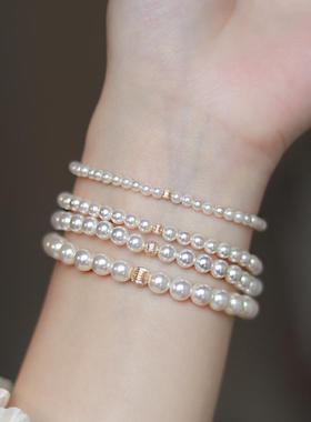 高品质正圆无暇极细人造珍珠手链美国14k包金叠戴简约精致有弹力