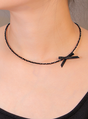 丝带蝴蝶结特细2mm天然切面黑尖晶项链锁骨链不掉色choker