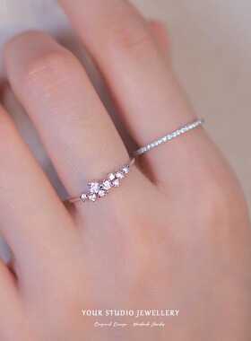 正品轻奢排钻极细纯银S925戒指可叠戴纤细指环微镶锆石气质款女