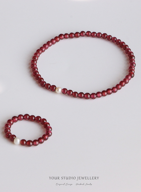 赤瑛 · 本命戒指 · 天然石榴石淡水珍珠戒子国风新中式女弹力绳