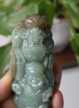 糖青白玉手把件财神爷玉把件生意兴隆龙玉石把玩件附证