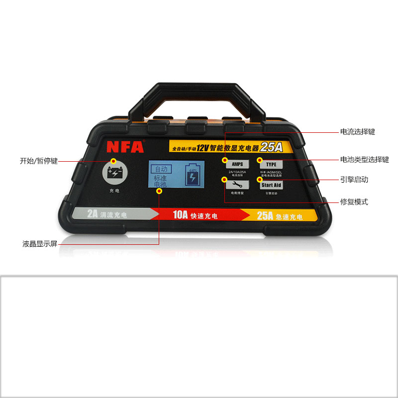 NFA纽福克斯12V 25A全自动汽车电瓶充电器蓄电池充电机 引擎启动