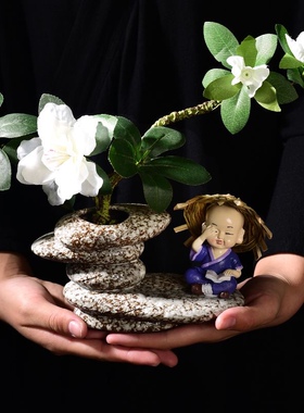禅意小和尚仿真杜鹃牡丹装饰假花插摆件居家装饰花器绿植盆栽盆景