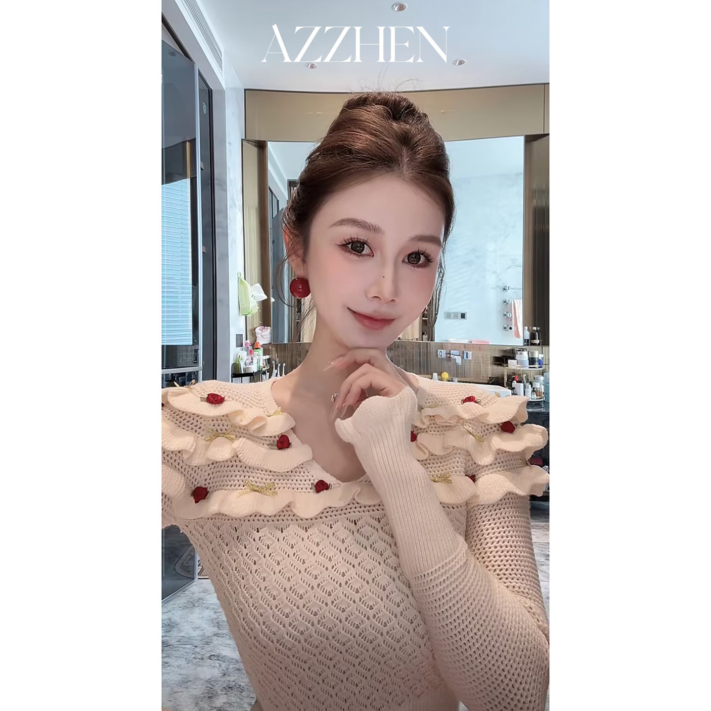 AZZHEN【倾心甜序】复古木耳边V领针织衫气质设计感修身打底 - 图0