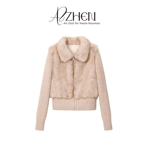 AZZHEN【柔雾绒绒】设计感毛毛针织羽绒服90白鸭绒外套 - 图0