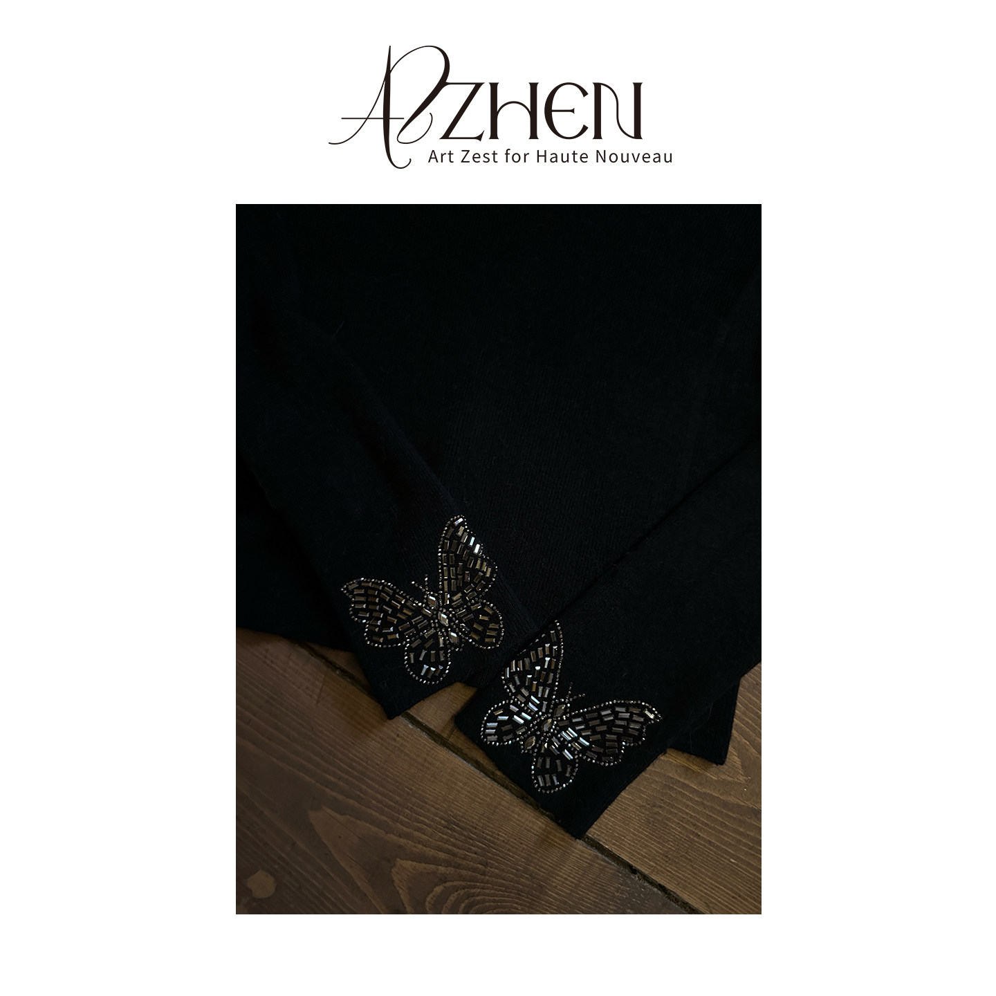 AZZHEN【月光蝶语】百搭黑色羊毛V领领口袖口重工烫钻针织打底,淘宝优惠券,粉丝福利购,淘宝优惠卷