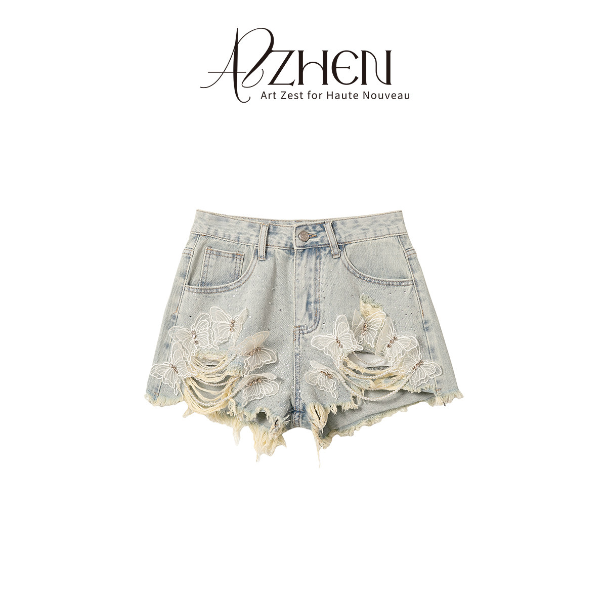 AZZHEN【夏日采蝶】2025夏季设计感重工热辣高腰破洞牛仔短裤女,淘宝优惠券,粉丝福利购,淘宝优惠卷