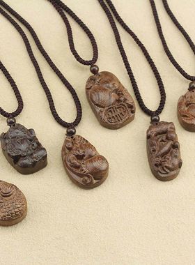 木质小鱼吊坠项链长款民族风可调节绳子毛衣链男女棉麻衣配饰挂件