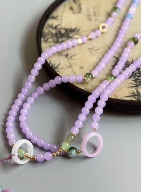 紫色玻璃串珠圆珠佛珠项链长款流苏毛衣链配饰女汉服旗袍斜挎链潮