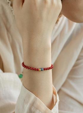 朱砂手链女高级感紫金砂手串古法景泰蓝莲花本命年转运珠礼物