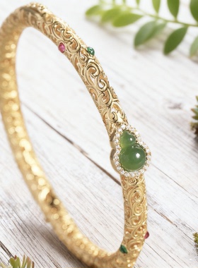 925s包金花丝祥云葫芦和田碧纯银金镶古法金新中式国风手镯