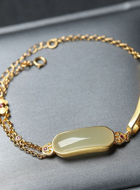 S925银古法包金镶嵌和田玉珐琅彩宫廷复古汉服配饰手链