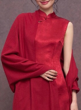 敬酒服红色披肩喜婆婆妈妈旗袍外搭婚礼服酒红枣红秋冬保暖围巾女