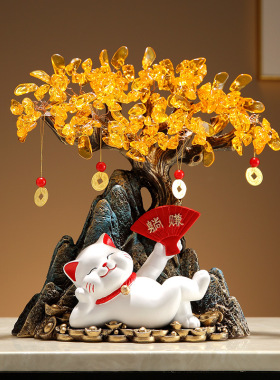 招财猫灯圈摆件创意发光工艺品客厅玄关电视柜装饰品乔迁