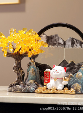 发财树招财猫创意文创摆件客厅酒柜装饰品流沙招财树脂工艺品