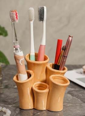 创意海珊瑚陶瓷牙刷置物架梳妆台化妆刷分格多功能收纳盒装饰摆件