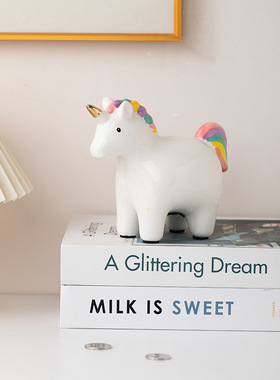 欧美陶瓷独角兽储蓄罐家居装饰摆件创意礼品小马可取存钱罐