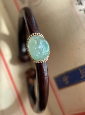 原创西藏高原深山老鸡血藤手镯镶嵌缅甸A货冰糯浅水绿如意