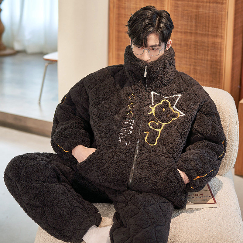 睡衣冬天男款超厚三层夹棉2025新款加厚加绒男士法兰绒家居服套装,淘宝优惠券,粉丝福利购,淘宝优惠卷