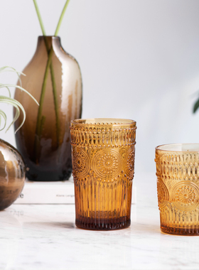 复古浮雕风圆形冷饮杯奶茶店花瓶