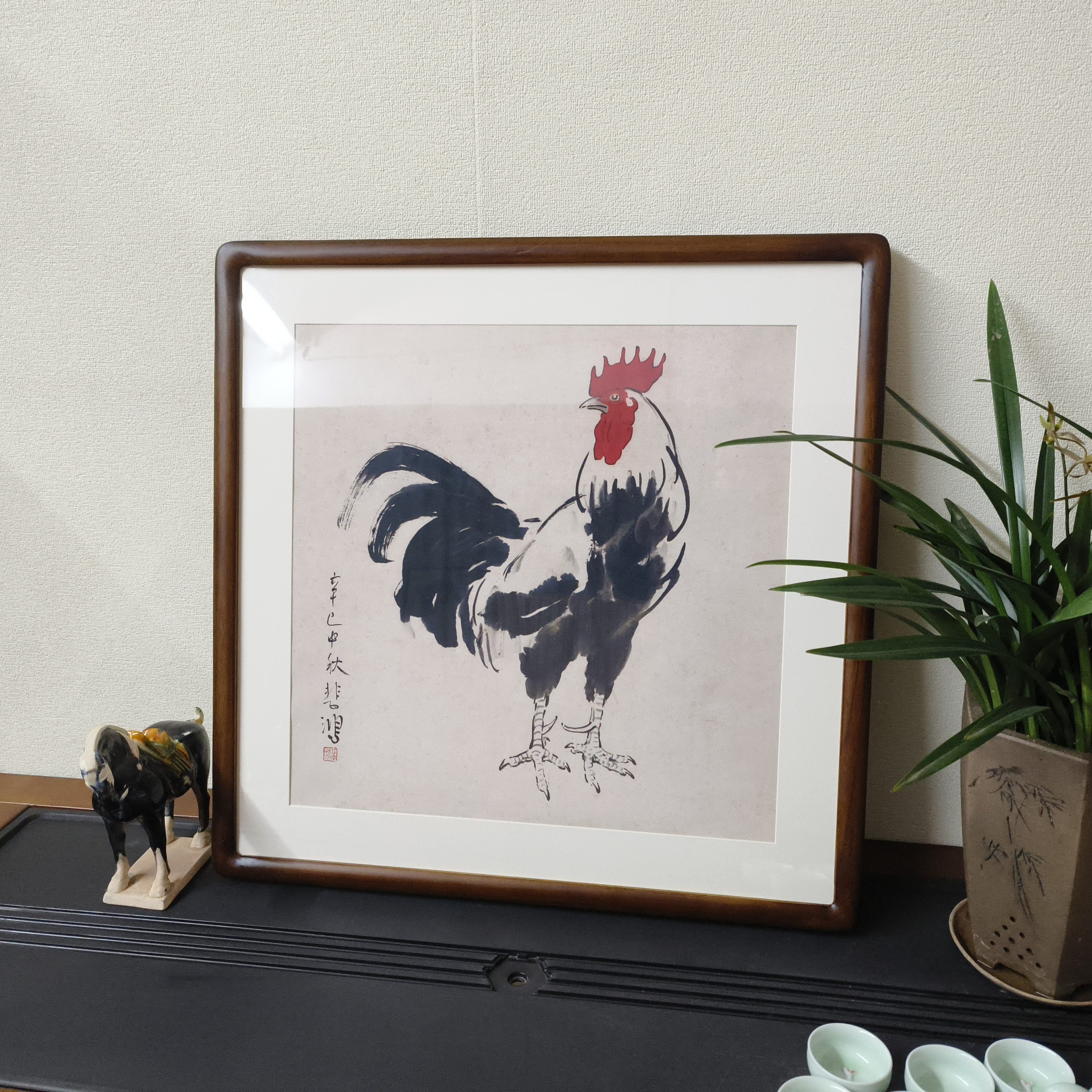 国画大公鸡斗方字画客厅装饰画正西玄关镇宅壁画徐悲鸿鸡鸣富贵图