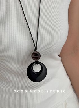 GMS小圆满 黑色长款黑绳圆环吊坠项链女小众新中式毛衣链新款配饰