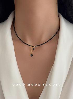 GMS缪斯 小众设计感仿黑尖晶串珠吊坠锁骨链女高级感黑色通勤项链