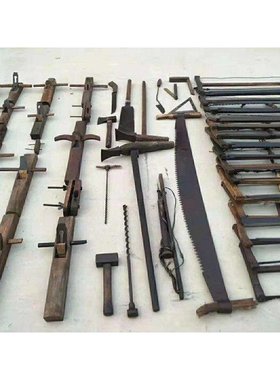影视道具博物馆老木工具108件木雕凿子墨斗刨子木锯木匠摆件民俗