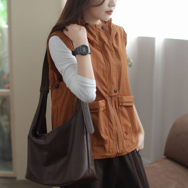 Hooded vest spring and autumn new double coat for women's work pocket loose retro vest versatile waistcoat