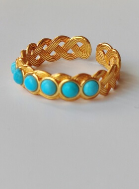 925银镀金绿松石开口排戒女