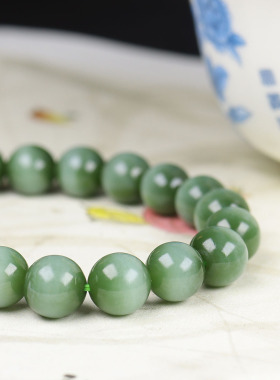 （古晨珠宝）俄罗斯和田玉碧玉蓝猫圆珠手串手链诸事顺意26g9+mm