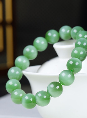 （古晨珠宝）俄罗斯和田玉猫眼碧玉圆珠手串手链44g12mm珠帘富贵