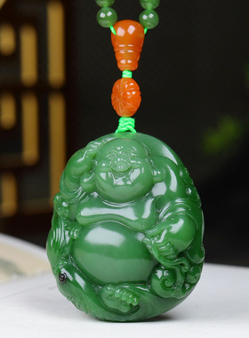 （古晨珠宝）俄罗斯和田玉粉绿碧玉弥勒佛手把件手玩天生福相103g