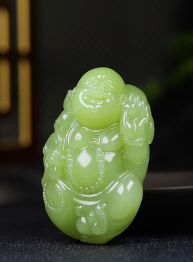 （古晨珠宝）新疆和田玉黄玉苏工弥勒佛手把件手玩天生福相137g