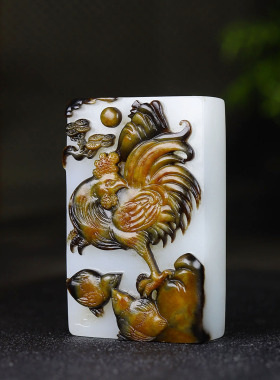 （古晨珠宝）新疆和田玉白玉籽料生肖鸡玉牌手玩手把件118g