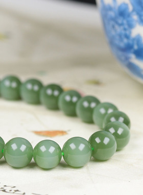 （古晨珠宝）俄罗斯和田玉碧玉猫眼圆珠手串手链诸事如意17g7+mm