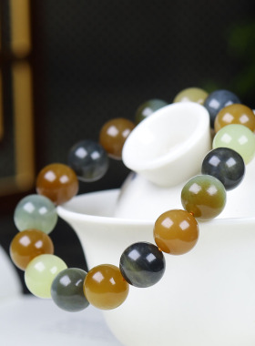 （古晨珠宝）新疆和田玉楼兰三色圆珠手串手链诸事如意45g12mm