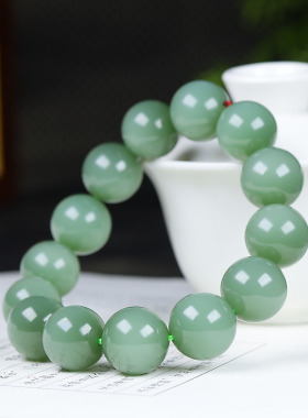 （古晨珠宝）俄罗斯和田玉粉青碧玉圆珠手串手链诸事如意90g16mm