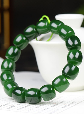 (古晨珠宝)俄罗斯和田玉菠菜绿碧玉手串手链珠连富贵63g12mm