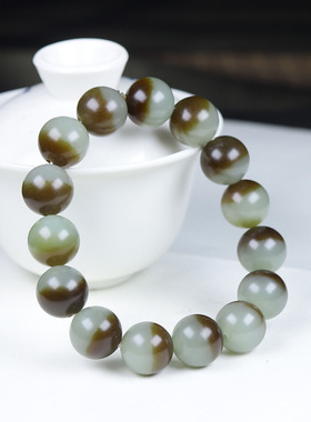 （古晨珠宝）新疆和田玉且末糖青玉圆珠手串手链诸事如意64g14mm