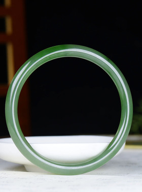 （古晨珠宝）俄罗斯和田玉浅果绿碧玉圆条手镯女款玉镯22g58mm