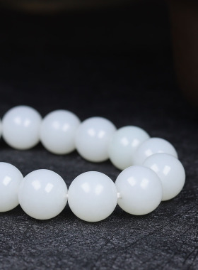 （古晨珠宝）新疆和田玉羊脂白玉圆珠手串手链珠帘富贵77g15mm
