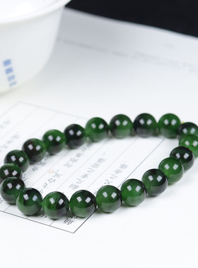 (古晨珠宝)俄罗斯和田玉菠菜绿碧玉圆珠手串手链珠连富贵27g9+mm