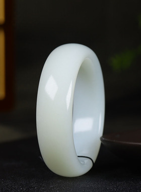 （古晨珠宝）新疆和田玉白玉宽版手镯玉镯子腕间优雅81g